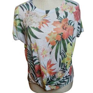 Tryst Women's Tropical Leaves Palms Knot Twist Front Short Sleeve Shirt Sz Small
